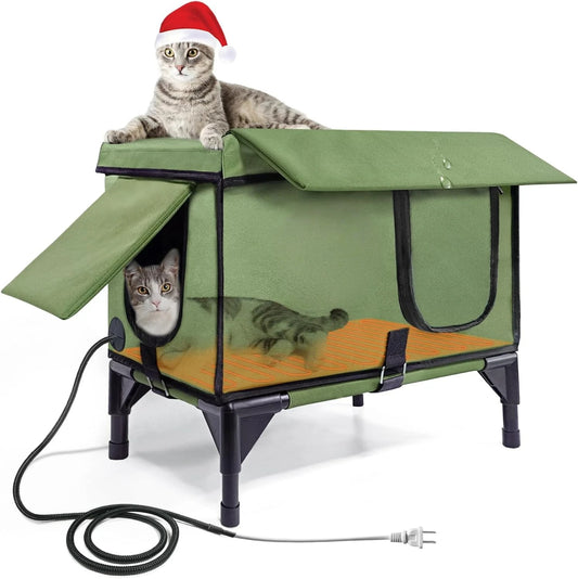 Large Outdoor Heated Cat House for Winter – Features Rain-Proof Eaves, Waterproof Insulation, Heater, and Safety Escape Doors for Feral Cats