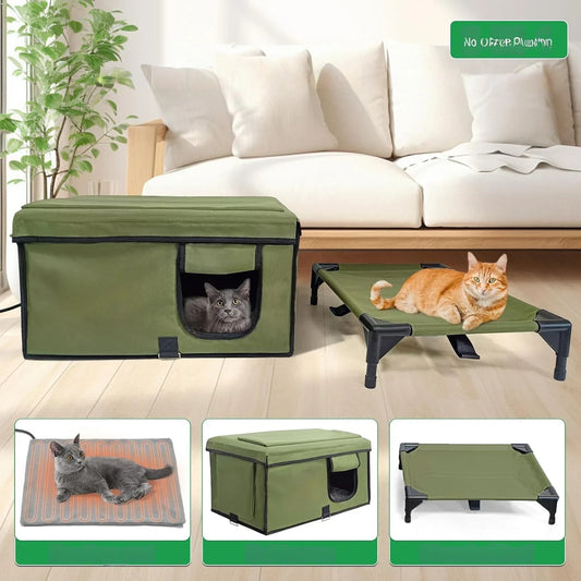 Large Outdoor Heated Cat House for Winter – Features Rain-Proof Eaves, Waterproof Insulation, Heater, and Safety Escape Doors for Feral Cats