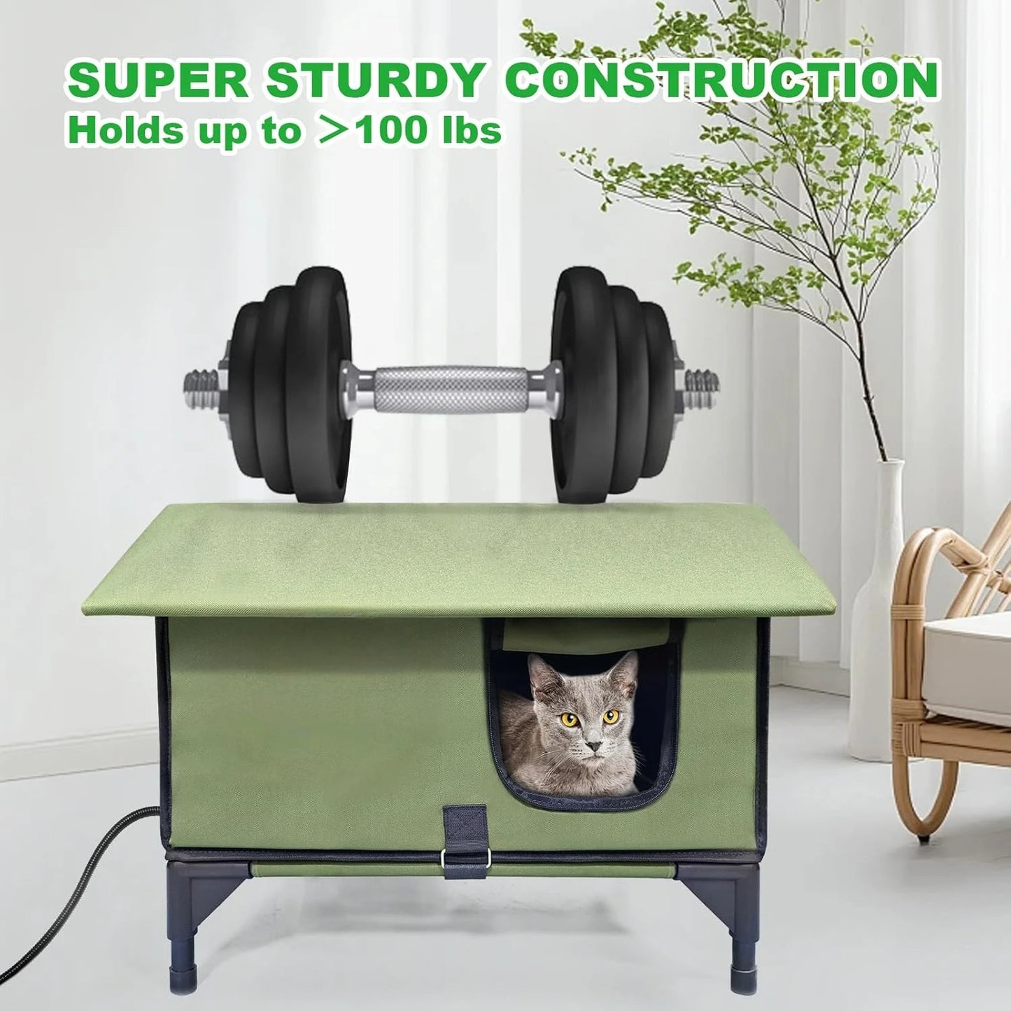 Medium-Sized Heated Outdoor Cat House for Winter with Rain-Proof Eaves, Waterproof Insulation, Built-In Heater, and Escape Safety Doors for Feral Cats.