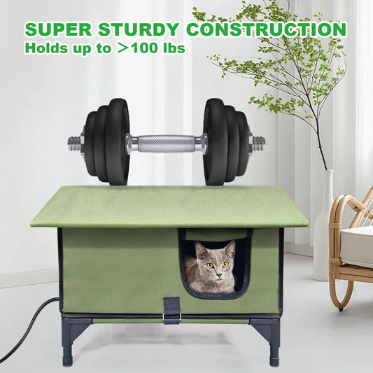 Medium-Sized Heated Outdoor Cat House for Winter with Rain-Proof Eaves, Waterproof Insulation, Built-In Heater, and Escape Safety Doors for Feral Cats.