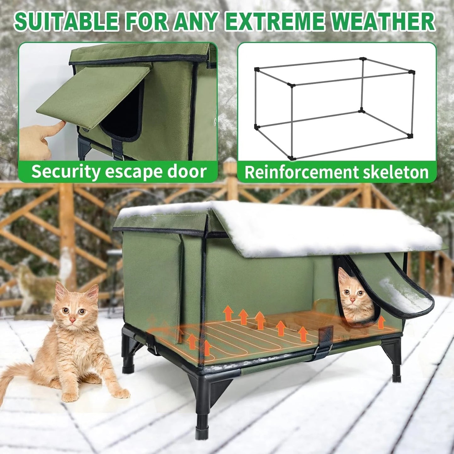 Medium-Sized Heated Outdoor Cat House for Winter with Rain-Proof Eaves, Waterproof Insulation, Built-In Heater, and Escape Safety Doors for Feral Cats.
