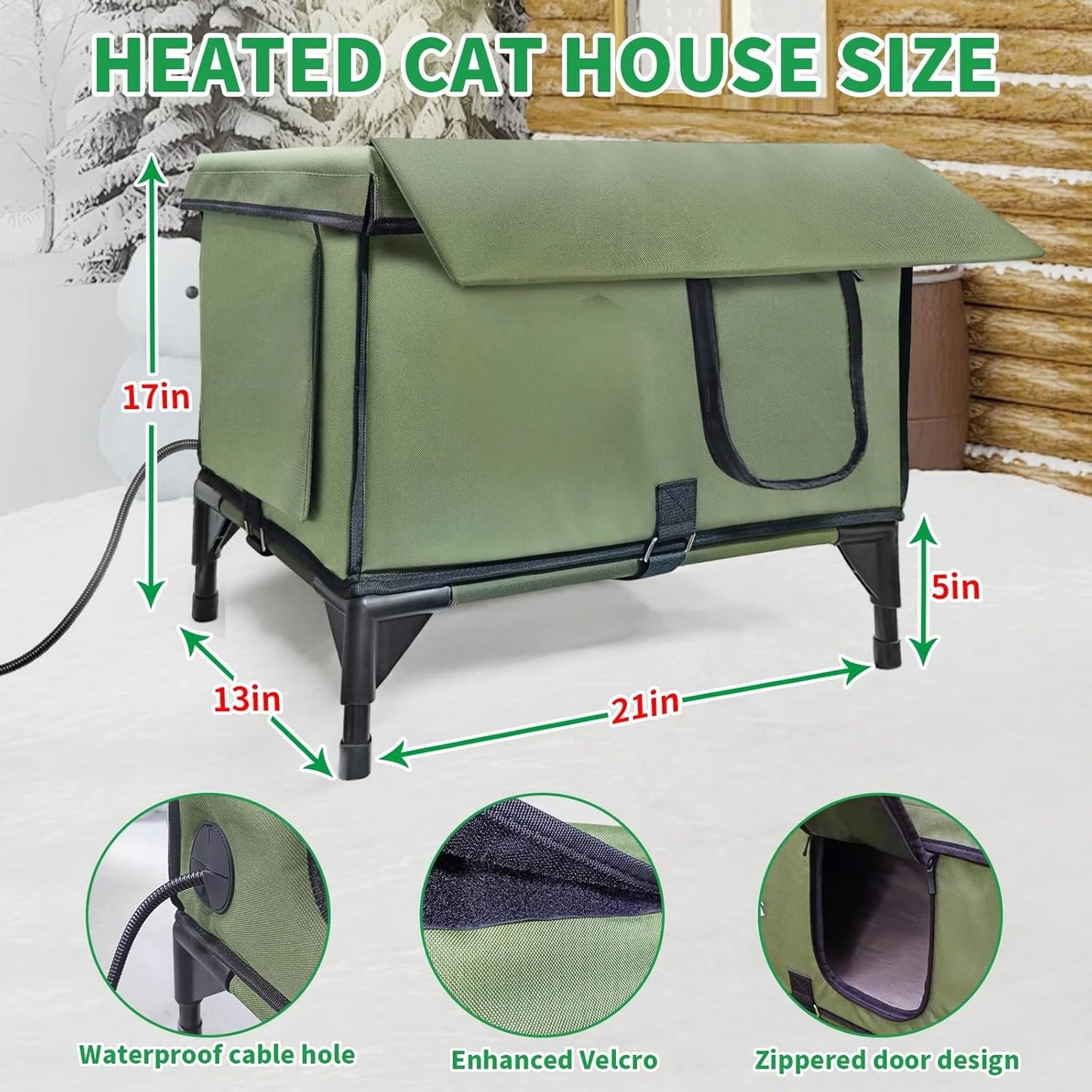 Medium-Sized Heated Outdoor Cat House for Winter with Rain-Proof Eaves, Waterproof Insulation, Built-In Heater, and Escape Safety Doors for Feral Cats.