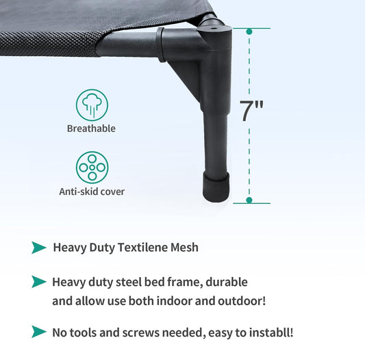 Small Elevated Outdoor Dog Bed (28x22x7in) – Raised, Waterproof Dog Cot with Breathable Teslin Mesh, Durable Non-Slip Construction, Portable Camping Bed for Dogs (Supports Up to 60 lbs), Black