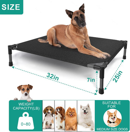 Medium Elevated Outdoor Dog Bed (32x25x8in) – Raised Dog Cot with Waterproof Construction, Breathable Teslin Mesh, Non-Slip Durable Base, Portable Design, Supports Dogs Up to 80 lbs, Black.