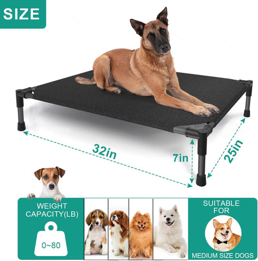 Medium Elevated Outdoor Dog Bed (32x25x8in) – Raised Dog Cot with Waterproof Construction, Breathable Teslin Mesh, Non-Slip Durable Base, Portable Design, Supports Dogs Up to 80 lbs, Black.
