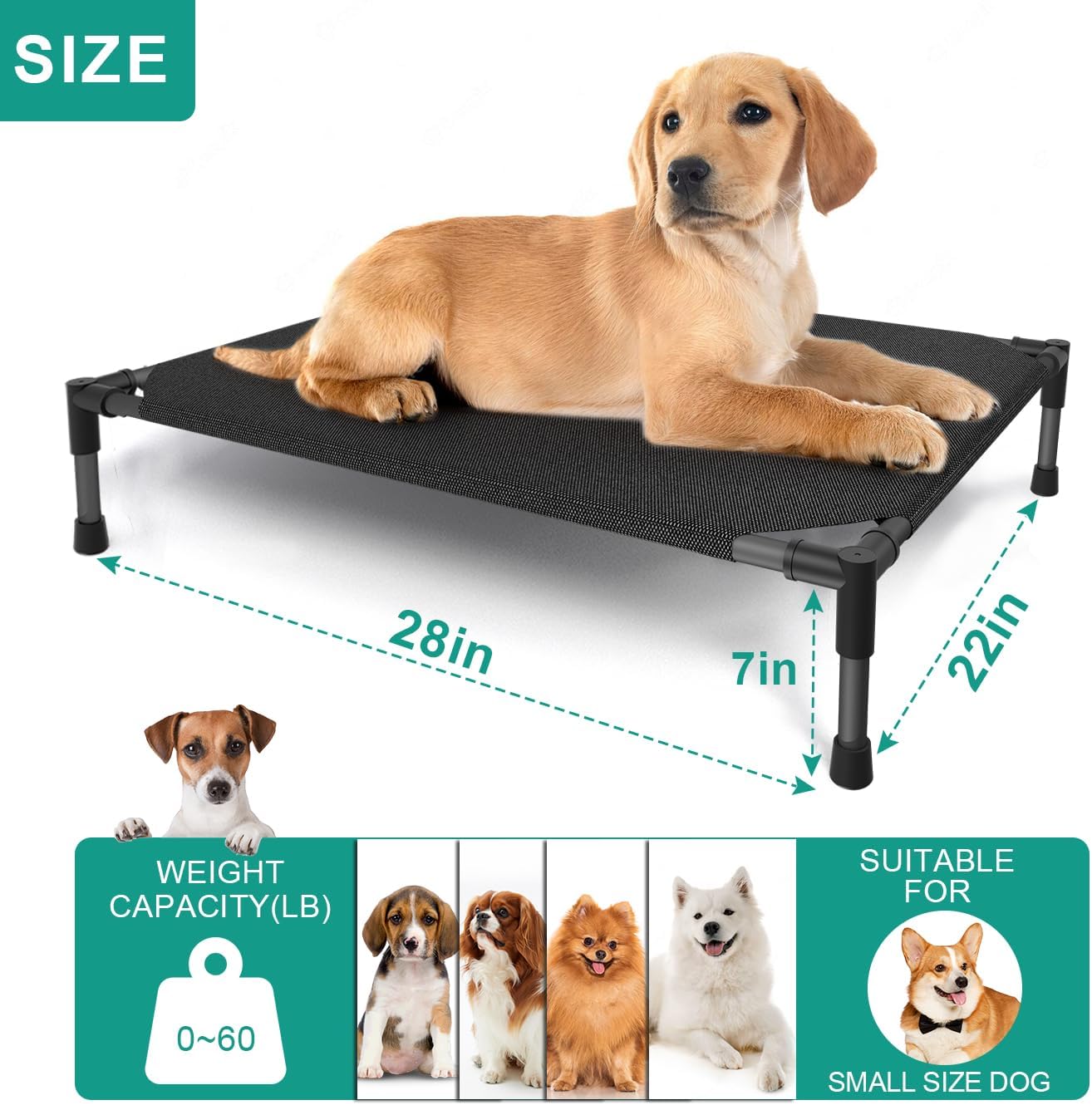 Small Elevated Outdoor Dog Bed (28x22x7in) – Raised, Waterproof Dog Cot with Breathable Teslin Mesh, Durable Non-Slip Construction, Portable Camping Bed for Dogs (Supports Up to 60 lbs), Black