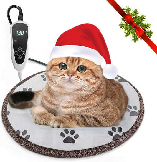 16-inch Round Cat Heating Pad – Waterproof Heated Bed with Smart Thermostat, Adjustable Temperature, Stability Rope, and Paw Print Pattern