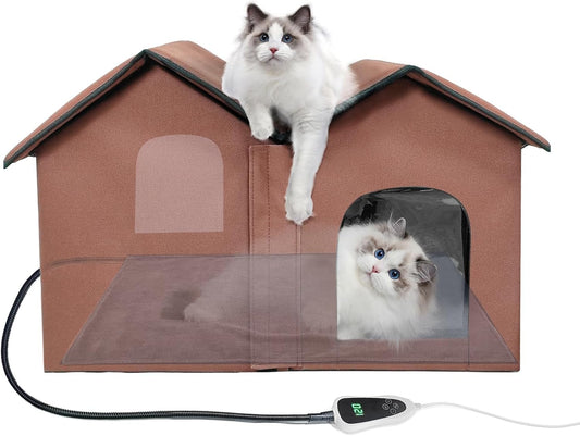 Large Heated Cat House with Intelligent Thermostat – Foldable Insulated Shelter for Indoor/Outdoor Cats, Double Rooms & 2 Doors, Removable Heating Pad, All-Season Use