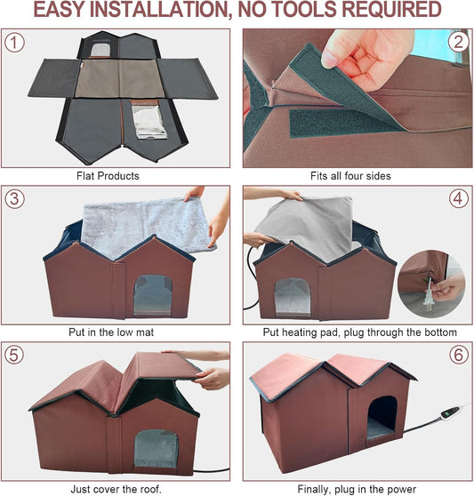 Large Heated Cat House with Intelligent Thermostat – Foldable Insulated Shelter for Indoor/Outdoor Cats, Double Rooms & 2 Doors, Removable Heating Pad, All-Season Use