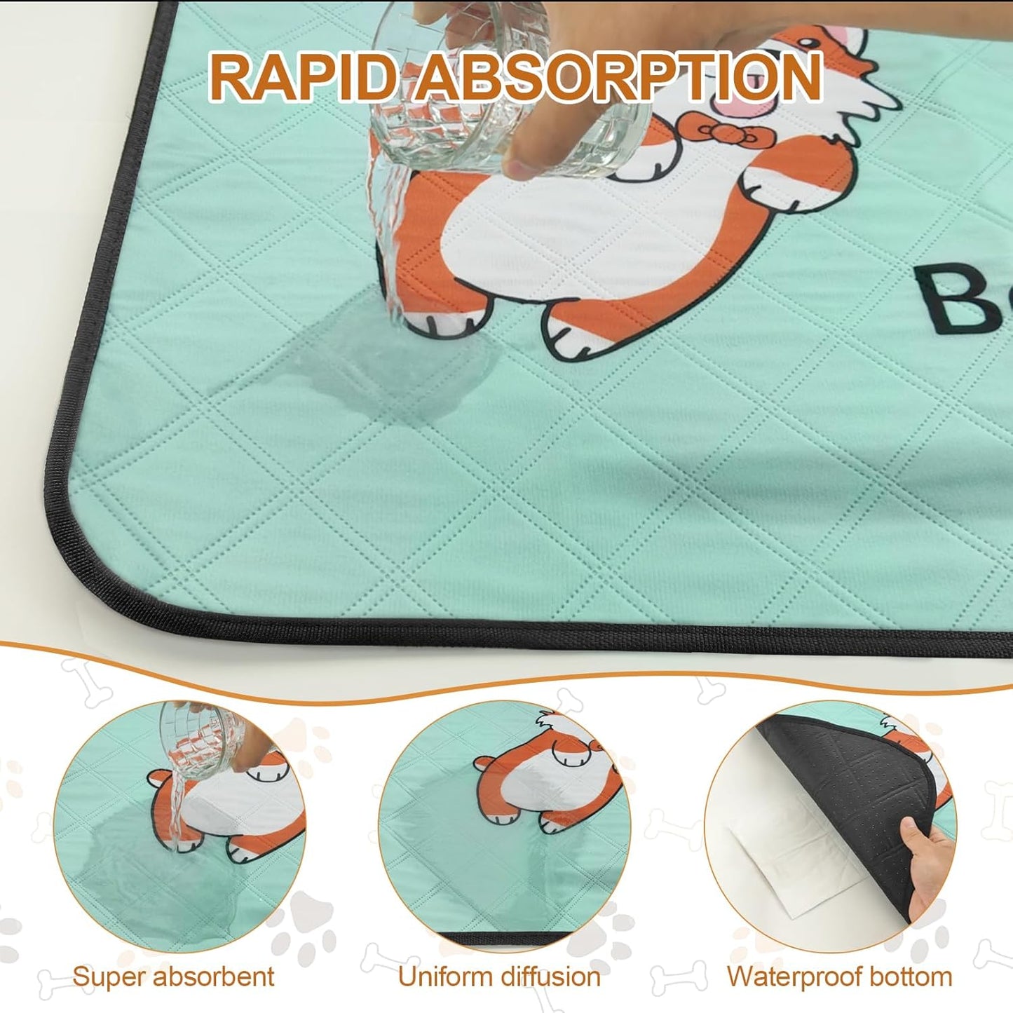 Reusable Blue Dog Pee Pads (4-Pack, 35x22in) – Extra-Absorbent, Thick, Leak-Resistant, Non-Slip Base – Ideal for Puppy Playpens, Crates, Whelping Boxes, and Potty Training.