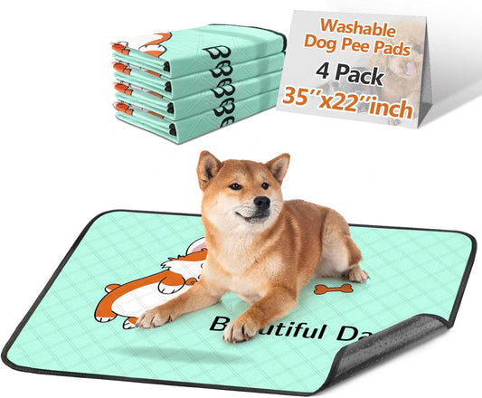 Reusable Blue Dog Pee Pads (4-Pack, 35x22in) – Extra-Absorbent, Thick, Leak-Resistant, Non-Slip Base – Ideal for Puppy Playpens, Crates, Whelping Boxes, and Potty Training.