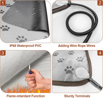 Waterproof Dog Heating Pad (28x18in) with Smart Thermostat – Heated Pet Bed for Whelping, Featuring Stability Wire Rope and Paw Print Design Puppy Heating Mat