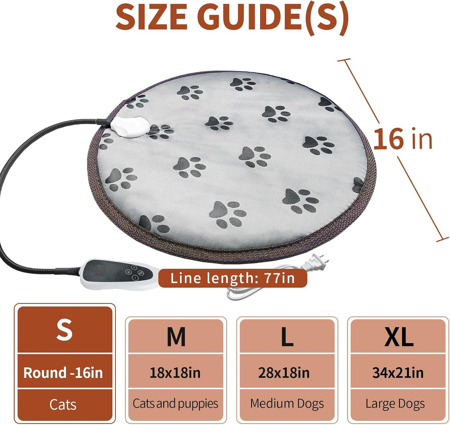 16-inch Round Cat Heating Pad – Waterproof Heated Bed with Smart Thermostat, Adjustable Temperature, Stability Rope, and Paw Print Pattern