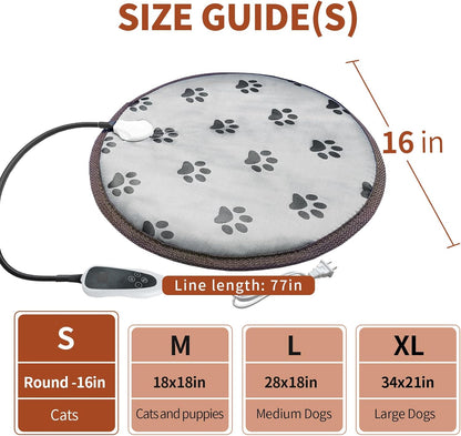 16-inch Round Cat Heating Pad – Waterproof Heated Bed with Smart Thermostat, Adjustable Temperature, Stability Rope, and Paw Print Pattern