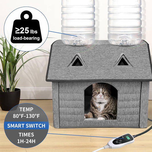 Indoor/Outdoor Heated Cat House with Pet Heating Pads – Intelligent Thermostat, Foldable Heated Bed for Puppies, Waterproof & Sturdy Design with Cute Windows