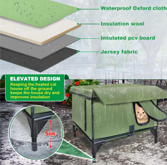 Medium-Sized Heated Outdoor Cat House for Winter with Rain-Proof Eaves, Waterproof Insulation, Built-In Heater, and Escape Safety Doors for Feral Cats.