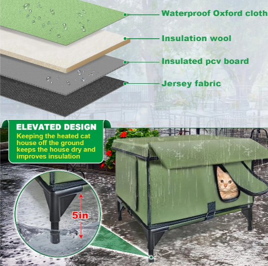 Medium-Sized Heated Outdoor Cat House for Winter with Rain-Proof Eaves, Waterproof Insulation, Built-In Heater, and Escape Safety Doors for Feral Cats.